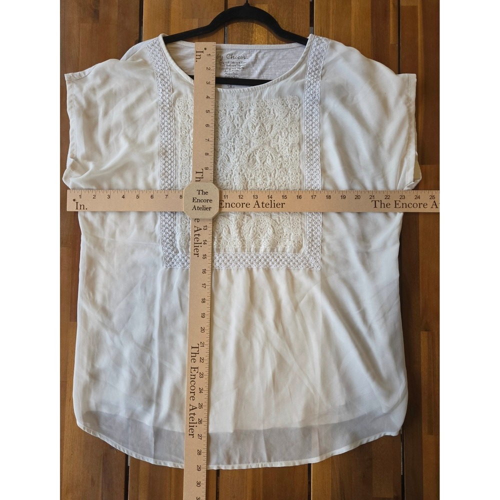 Chicos White Boho Embroidered Short Sleeve Blouse Sz L Cottagecore Fairy Bridal - Picture 4 of 6